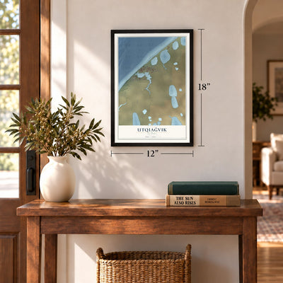 Utqiaġvik, Alaska map, 12 x 18 inch print in a black frame in an entryway