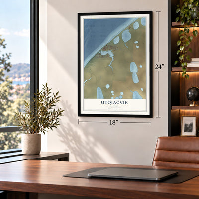 Utqiaġvik, Alaska map, 18 x 24 inch print in a black frame in a home office