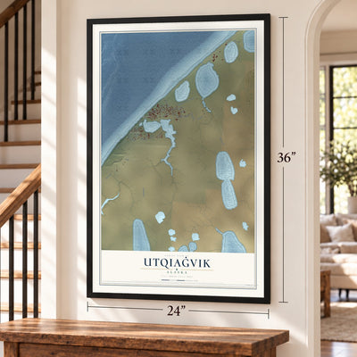 Utqiaġvik, Alaska map, 24 x 36 inch print in a black frame by a staircase