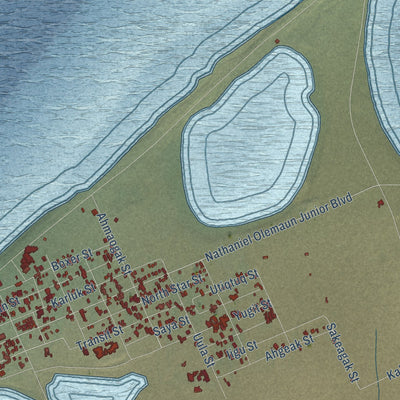 Close-up of the map of Utqiaġvik, Alaska print showing street and building detail