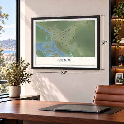 Venetie, Alaska map, 18 x 24 inch print in a black frame in a home office