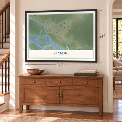 Venetie, Alaska map, 24 x 36 inch print in a black frame above a dresser by a staircase