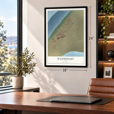 Wainwright, Alaska map, 18 x 24 inch print in a black frame in a home office