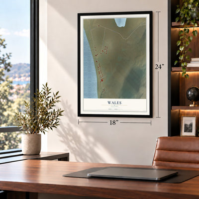 Wales, Alaska map, 18 x 24 inch print in a black frame in a home office