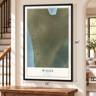 Wales, Alaska map, 24 x 36 inch print in a black frame by a staircase