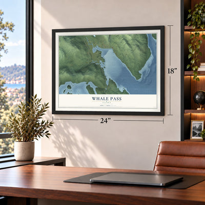 Whale Pass, Alaska map, 18 x 24 inch print in a black frame in a home office