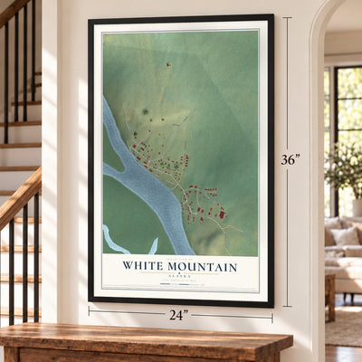 White Mountain, Alaska map, 24 x 36 inch print in a black frame by a staircase