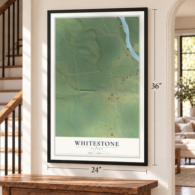 Whitestone, Alaska map, 24 x 36 inch print in a black frame by a staircase