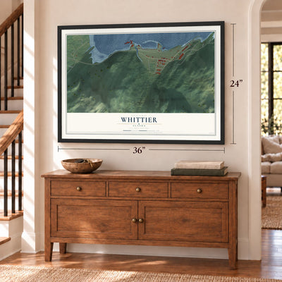 Whittier, Alaska map, 24 x 36 inch print in a black frame above a dresser by a staircase