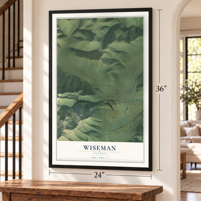 Wiseman, Alaska map, 24 x 36 inch print in a black frame by a staircase