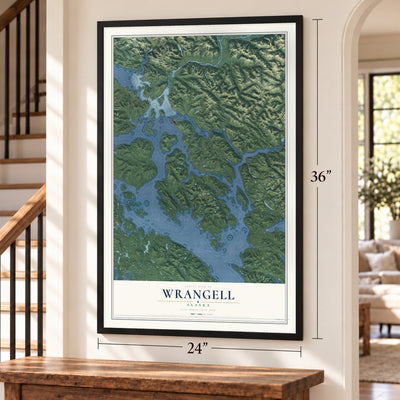 Wrangell, Alaska map, 24 x 36 inch print in a black frame by a staircase