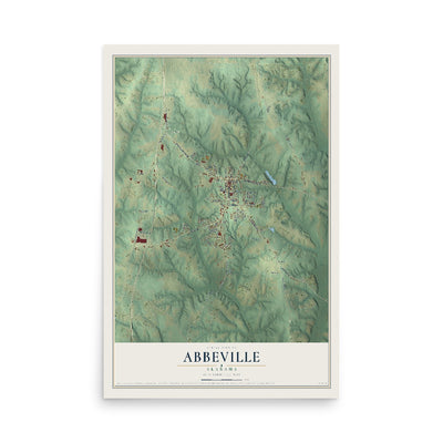 Map of Abbeville, Alabama, 12 x 18 inch unframed archival matte print