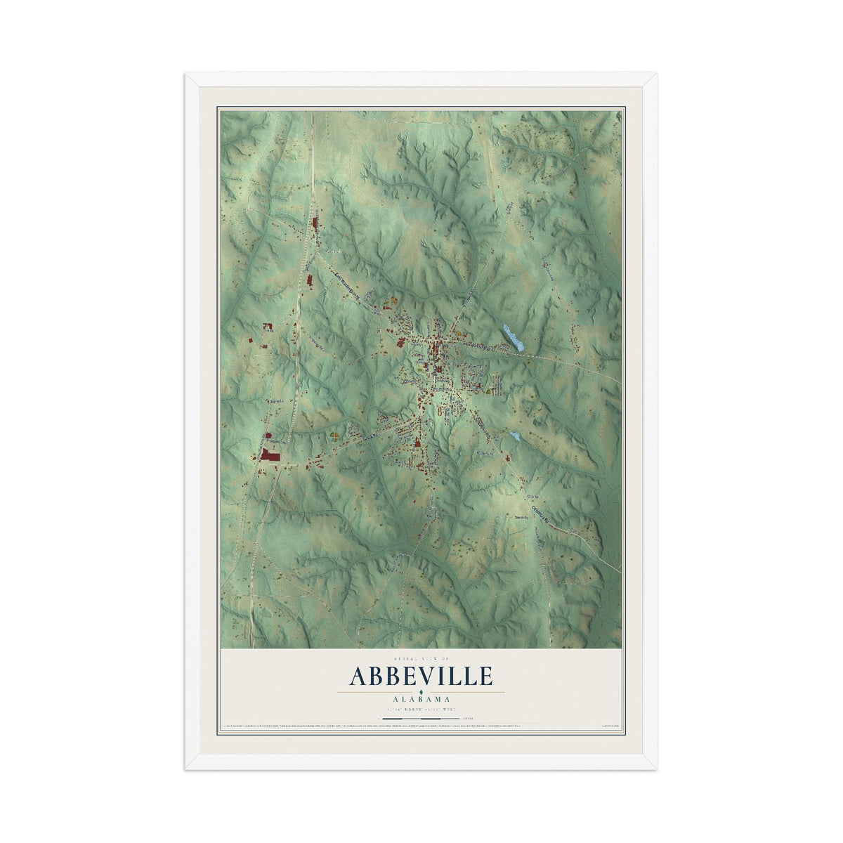 Map of Abbeville, Alabama, 12 x 18 inch print in a white wood frame