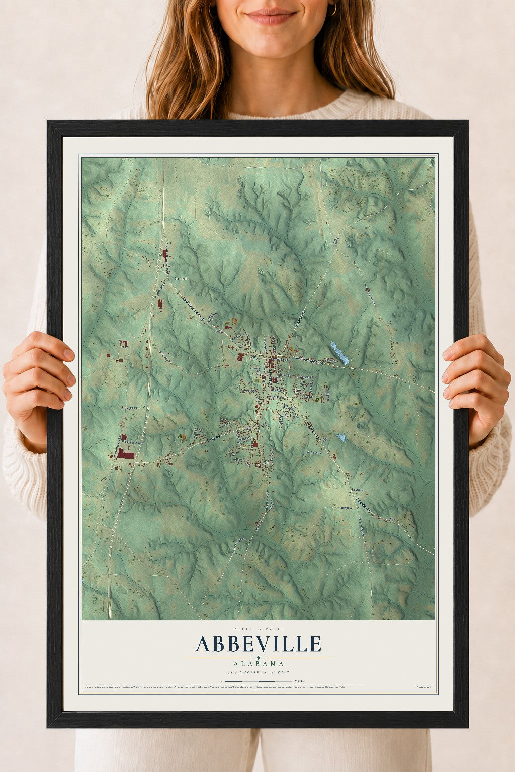 Map of Abbeville, Alabama, 18 x 24 inch print in a black wood frame