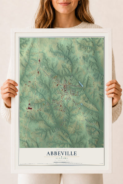 Map of Abbeville, Alabama, 18 x 24 inch print in a white wood frame