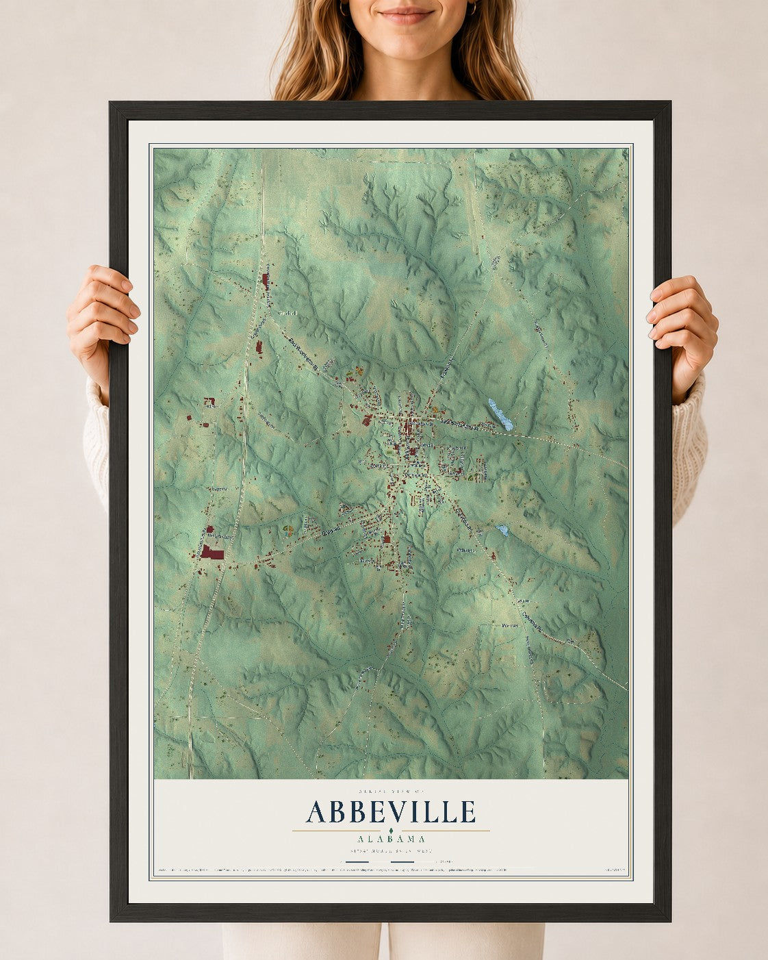 Map of Abbeville, Alabama, 24 x 36 inch print in a black wood frame