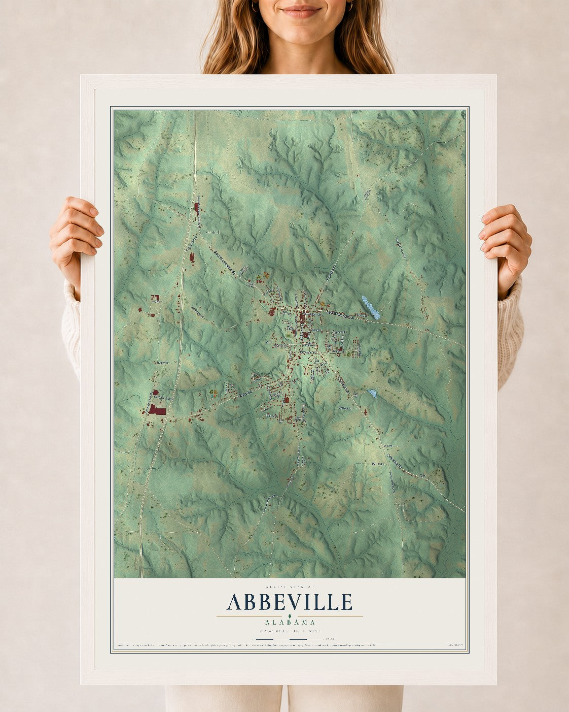 Map of Abbeville, Alabama, 24 x 36 inch print in a white wood frame