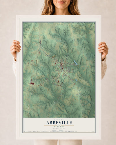 Map of Abbeville, Alabama, 24 x 36 inch print in a white wood frame