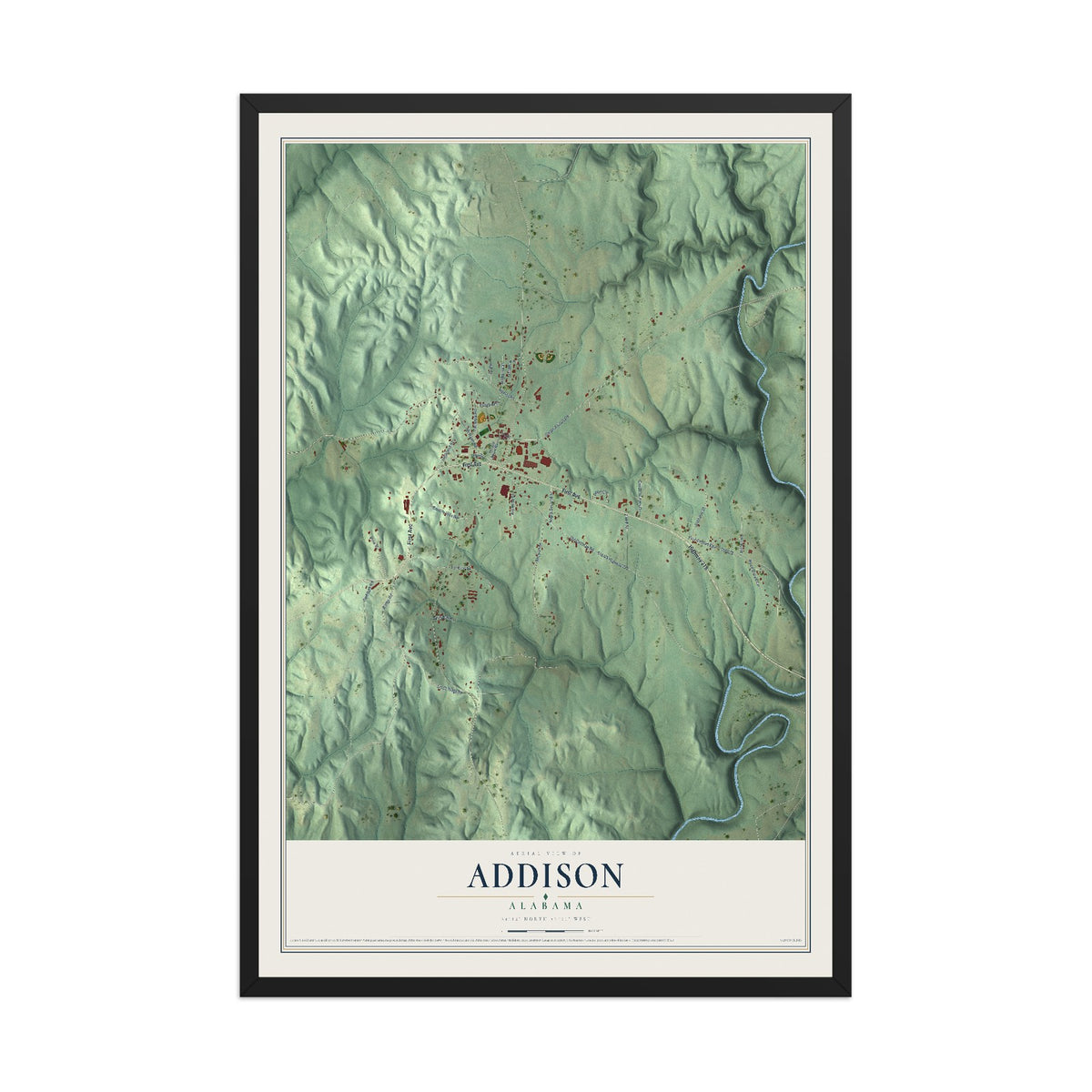 Map of Addison, Alabama, 12 x 18 inch print in a black wood frame