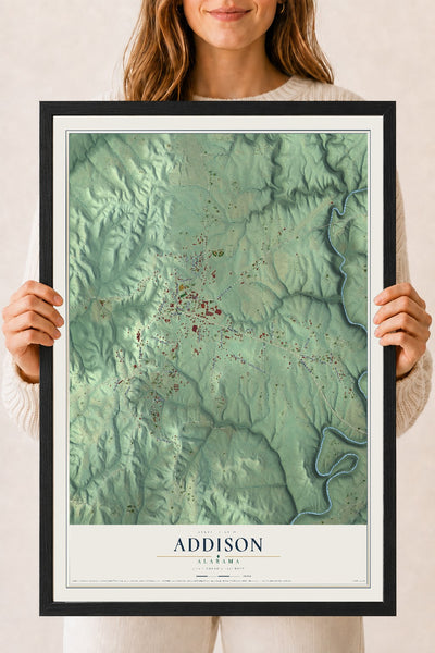 Map of Addison, Alabama, 18 x 24 inch print in a black wood frame