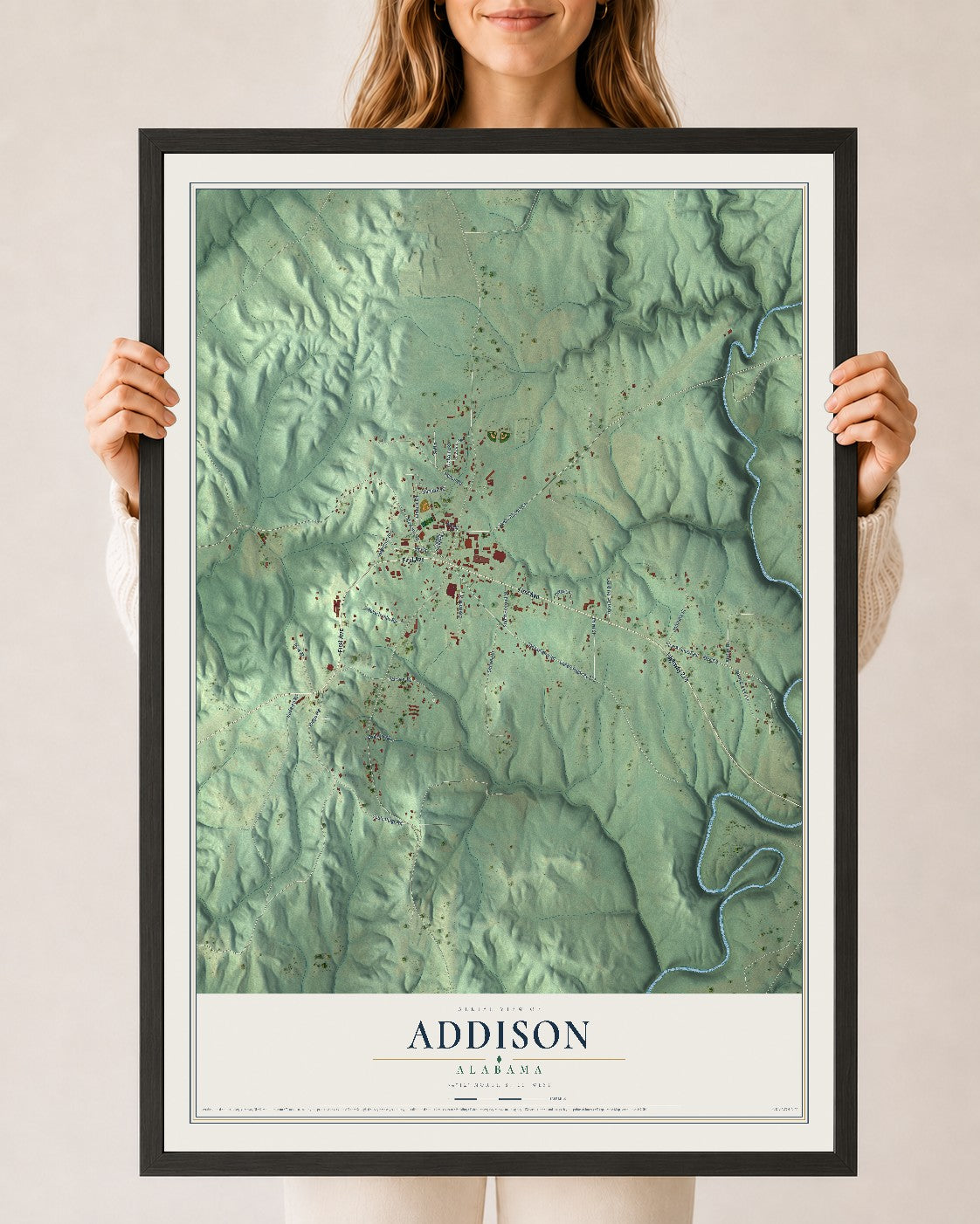 Map of Addison, Alabama, 24 x 36 inch print in a black wood frame