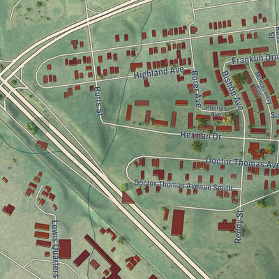 Close-up of the map of Africatown, Alabama print showing street and building detail
