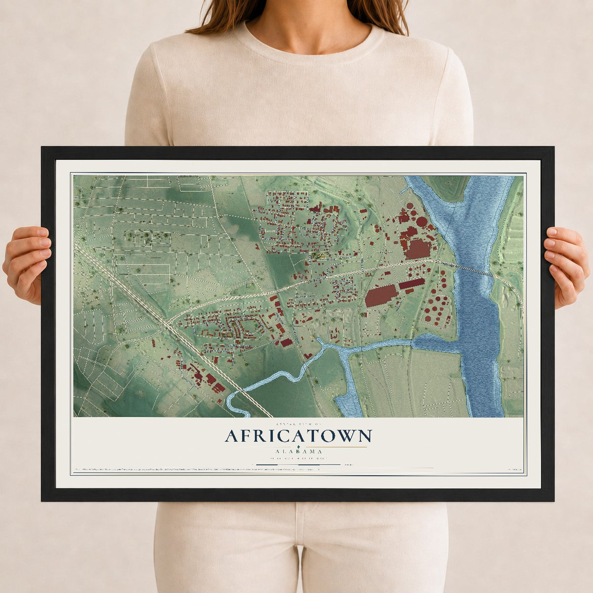 Map of Africatown, Alabama, 12 x 18 inch print in a black wood frame