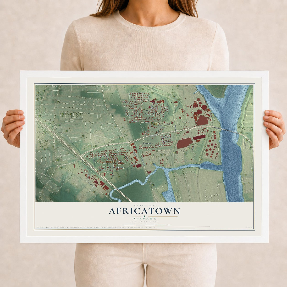 Map of Africatown, Alabama, 12 x 18 inch print in a white wood frame