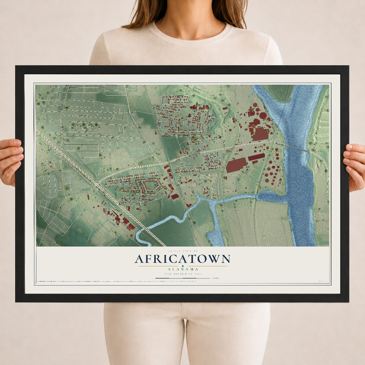 Map of Africatown, Alabama, 18 x 24 inch print in a black wood frame