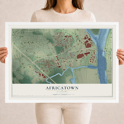 Map of Africatown, Alabama, 18 x 24 inch print in a white wood frame