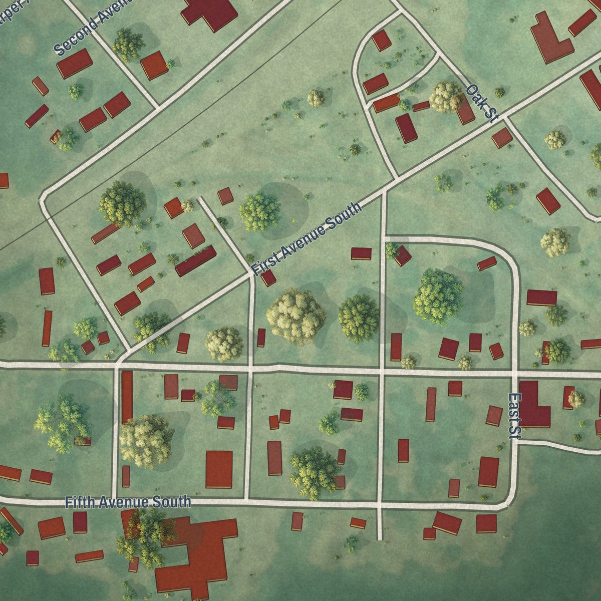 Close-up of the map of Akron, Alabama print showing street and building detail