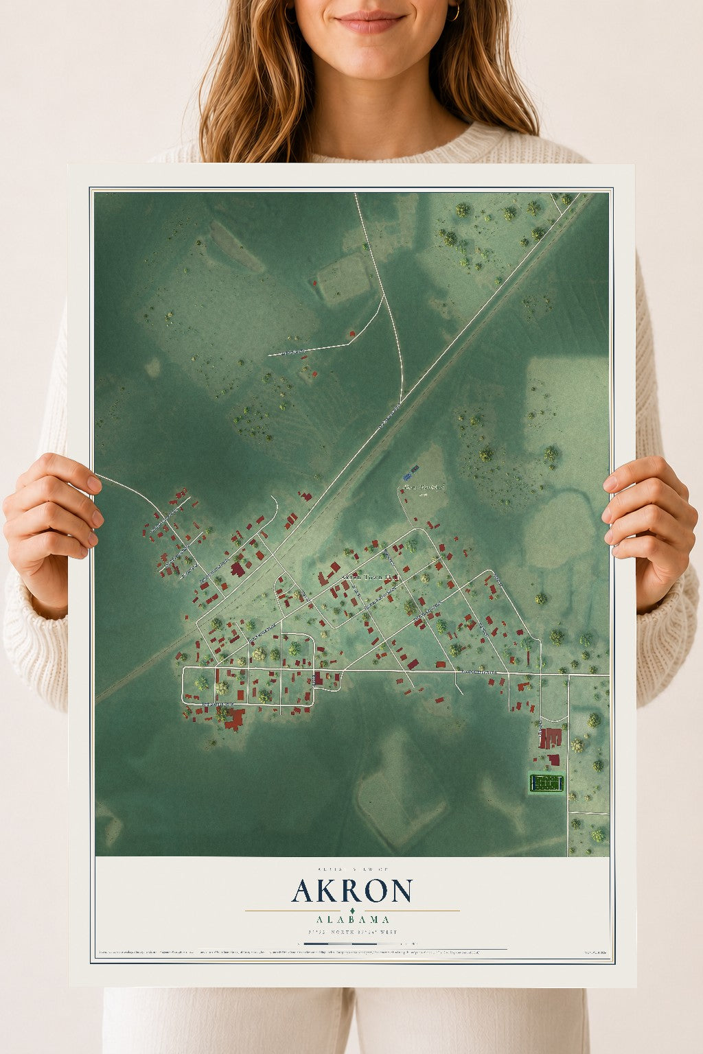Map of Akron, Alabama, 18 x 24 inch unframed archival matte print