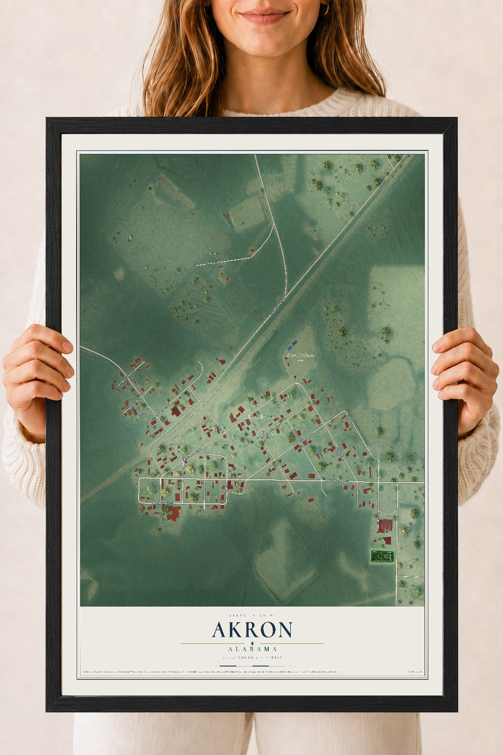 Map of Akron, Alabama, 18 x 24 inch print in a black wood frame