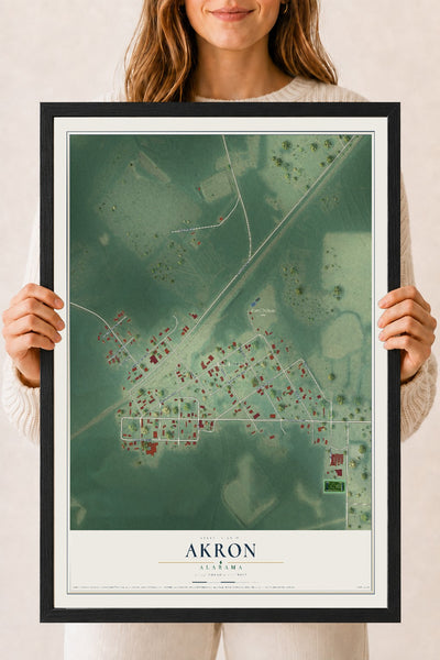 Map of Akron, Alabama, 18 x 24 inch print in a black wood frame
