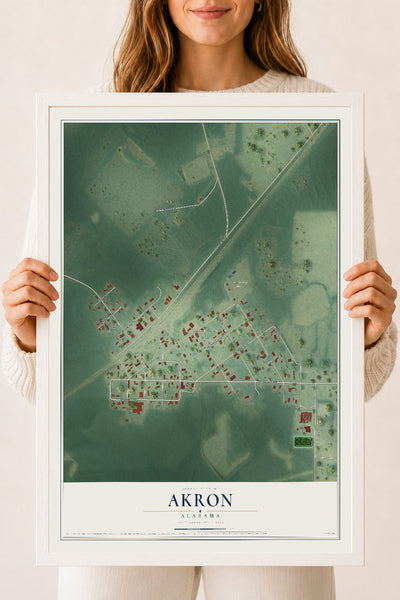 Map of Akron, Alabama, 18 x 24 inch print in a white wood frame