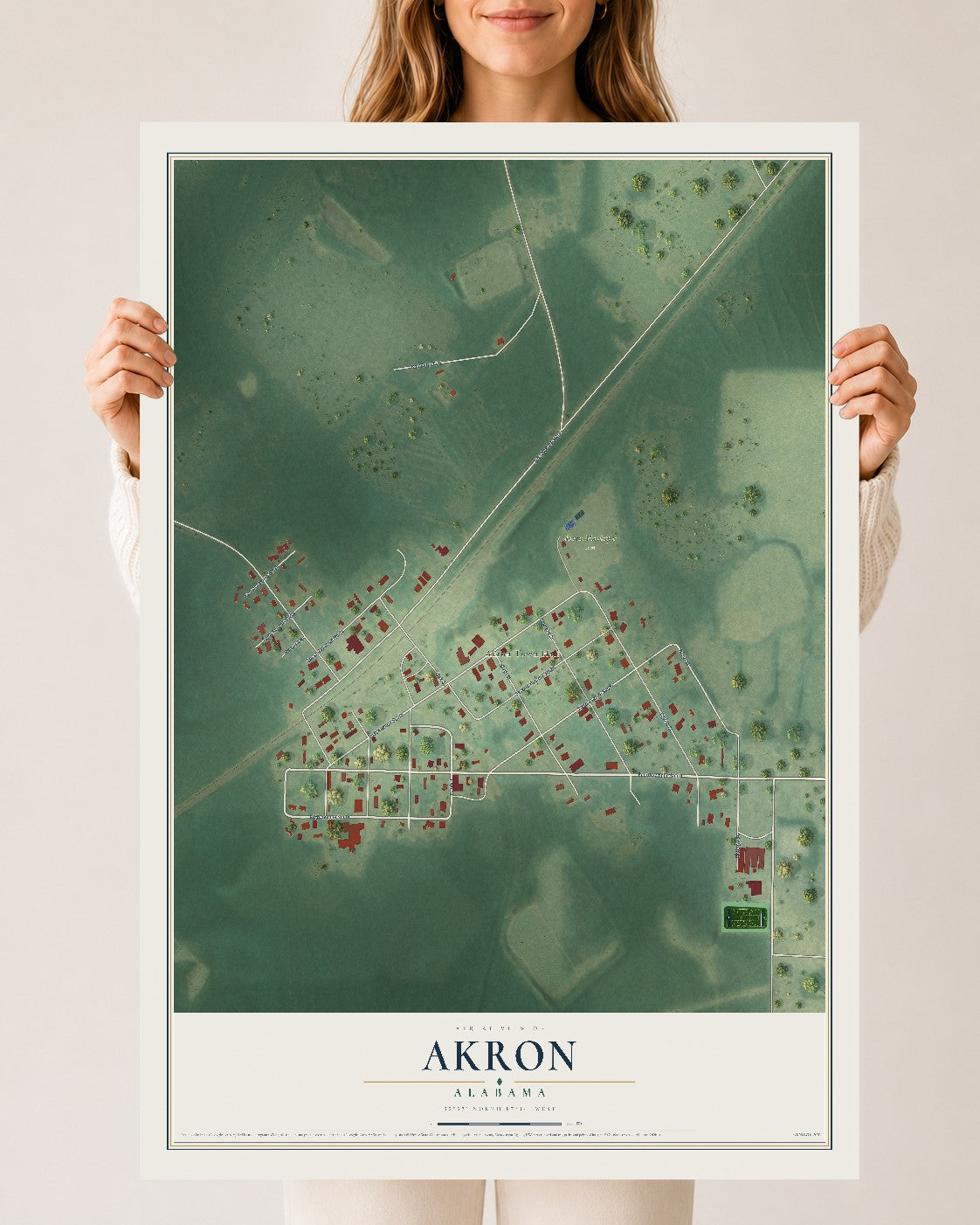Map of Akron, Alabama, 24 x 36 inch unframed archival matte print