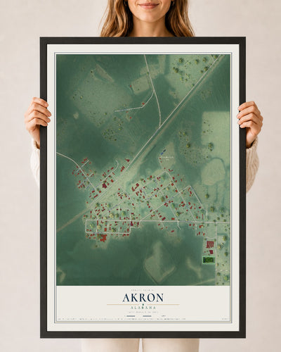 Map of Akron, Alabama, 24 x 36 inch print in a black wood frame