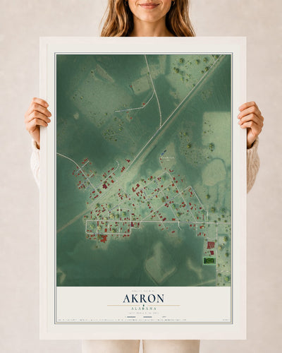 Map of Akron, Alabama, 24 x 36 inch print in a white wood frame