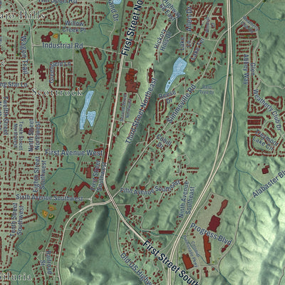 Close-up of the map of Alabaster, Alabama print showing street and building detail
