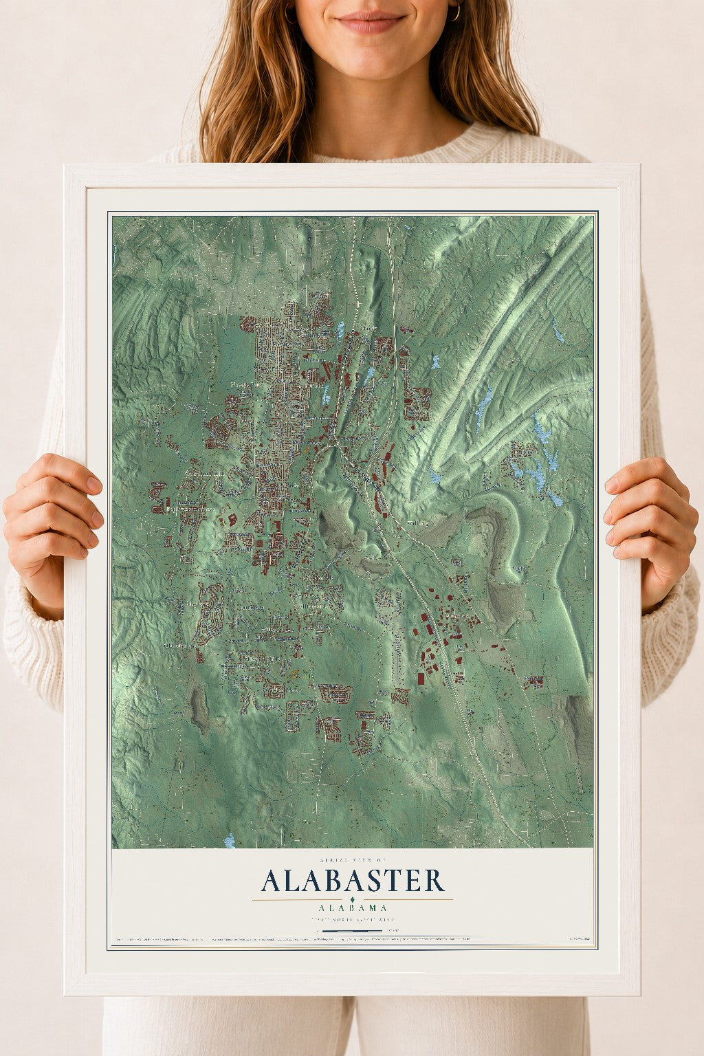 Map of Alabaster, Alabama, 18 x 24 inch print in a white wood frame