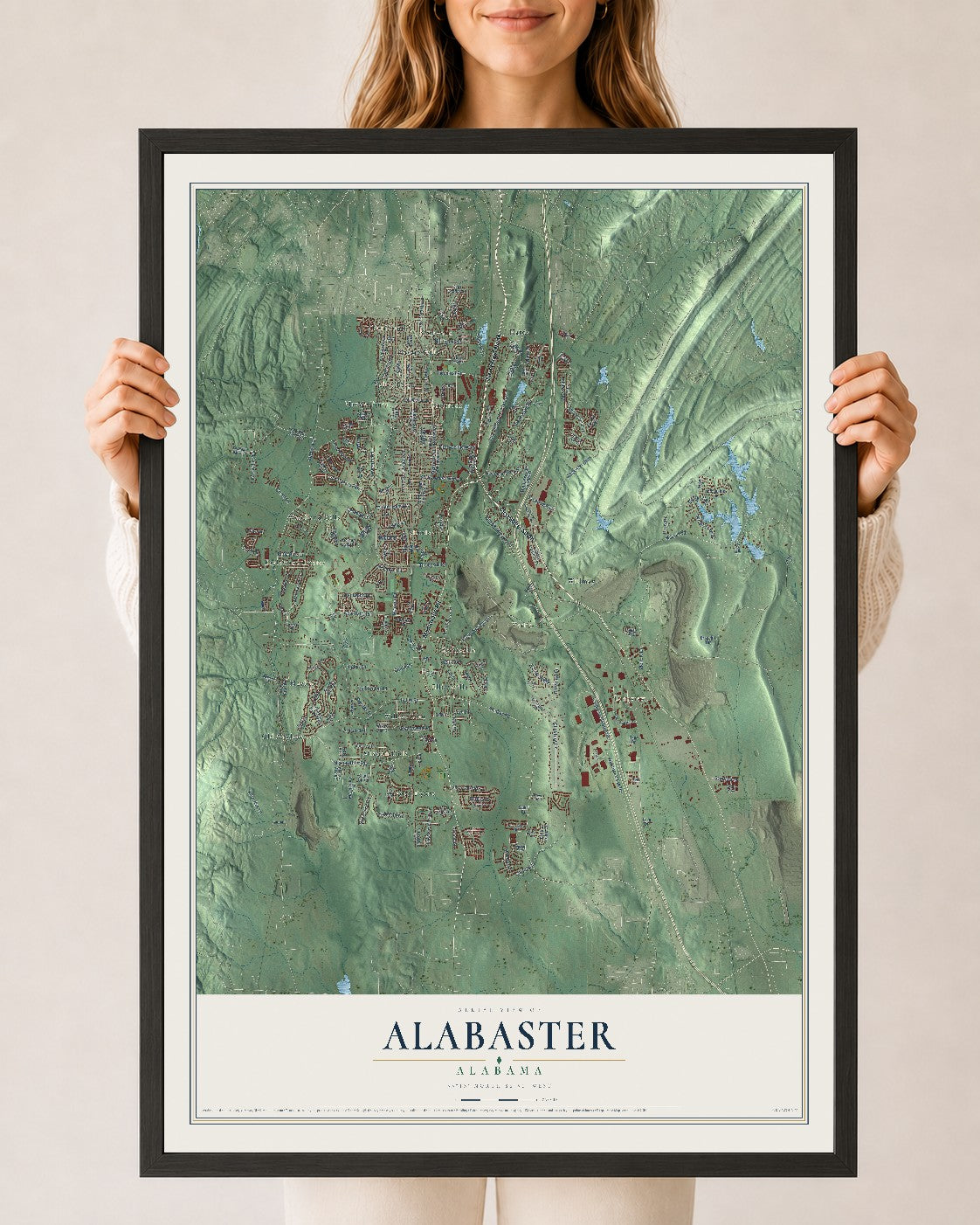 Map of Alabaster, Alabama, 24 x 36 inch print in a black wood frame