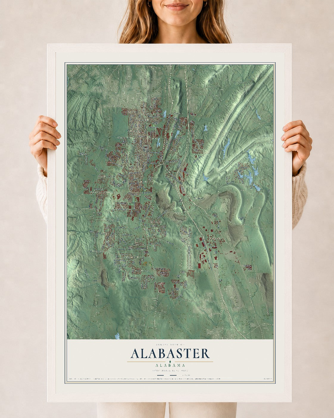 Map of Alabaster, Alabama, 24 x 36 inch print in a white wood frame