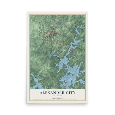 Map of Alexander City, Alabama, 12 x 18 inch unframed archival matte print