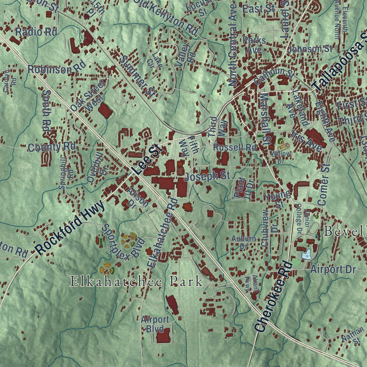 Close-up of the map of Alexander City, Alabama print showing street and building detail