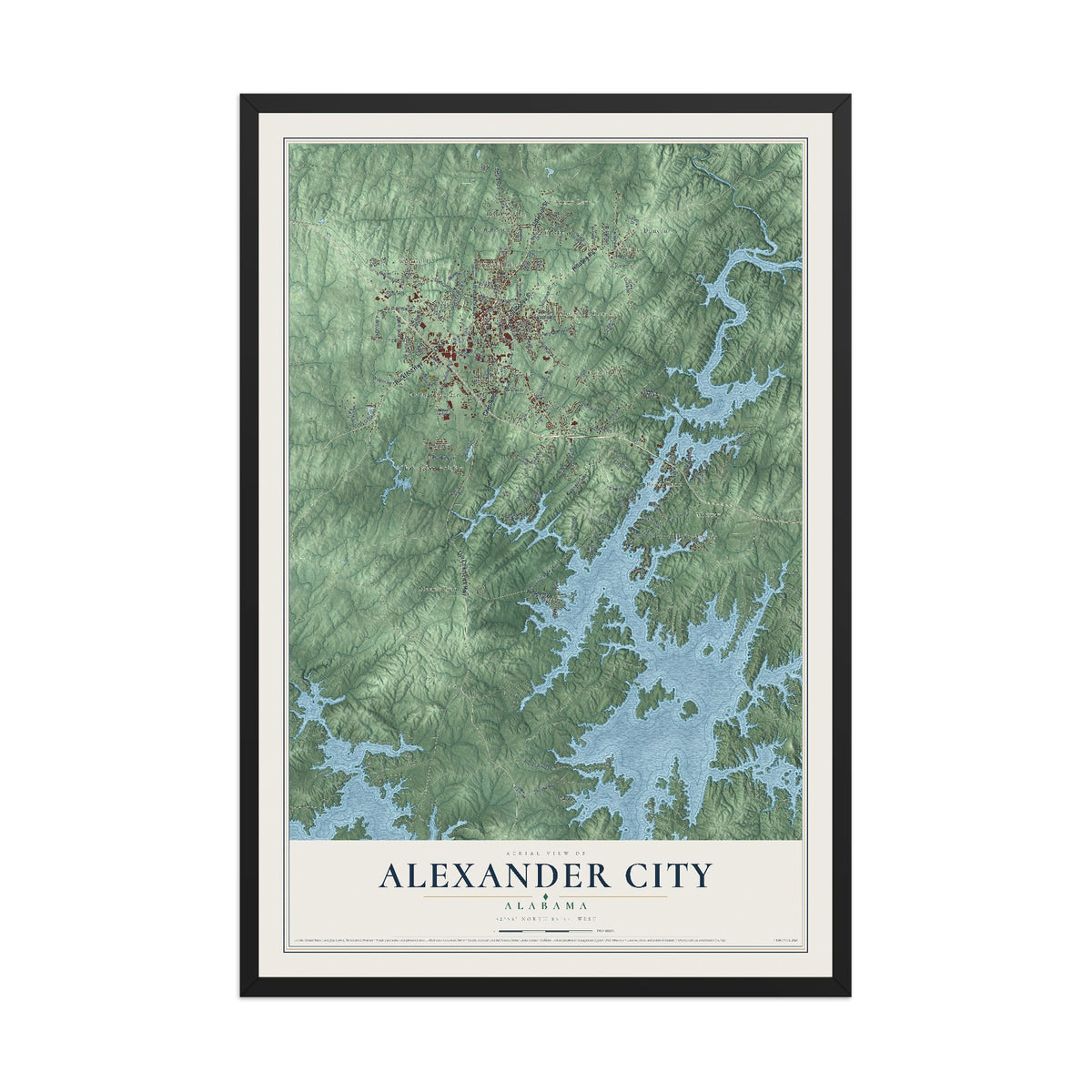 Map of Alexander City, Alabama, 12 x 18 inch print in a black wood frame