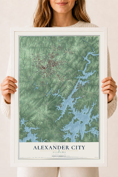 Map of Alexander City, Alabama, 18 x 24 inch print in a white wood frame