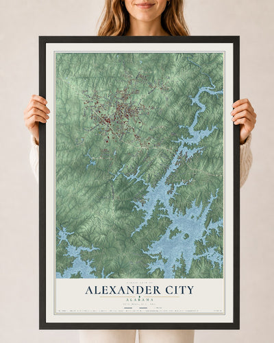 Map of Alexander City, Alabama, 24 x 36 inch print in a black wood frame