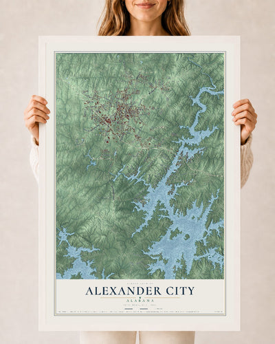 Map of Alexander City, Alabama, 24 x 36 inch print in a white wood frame