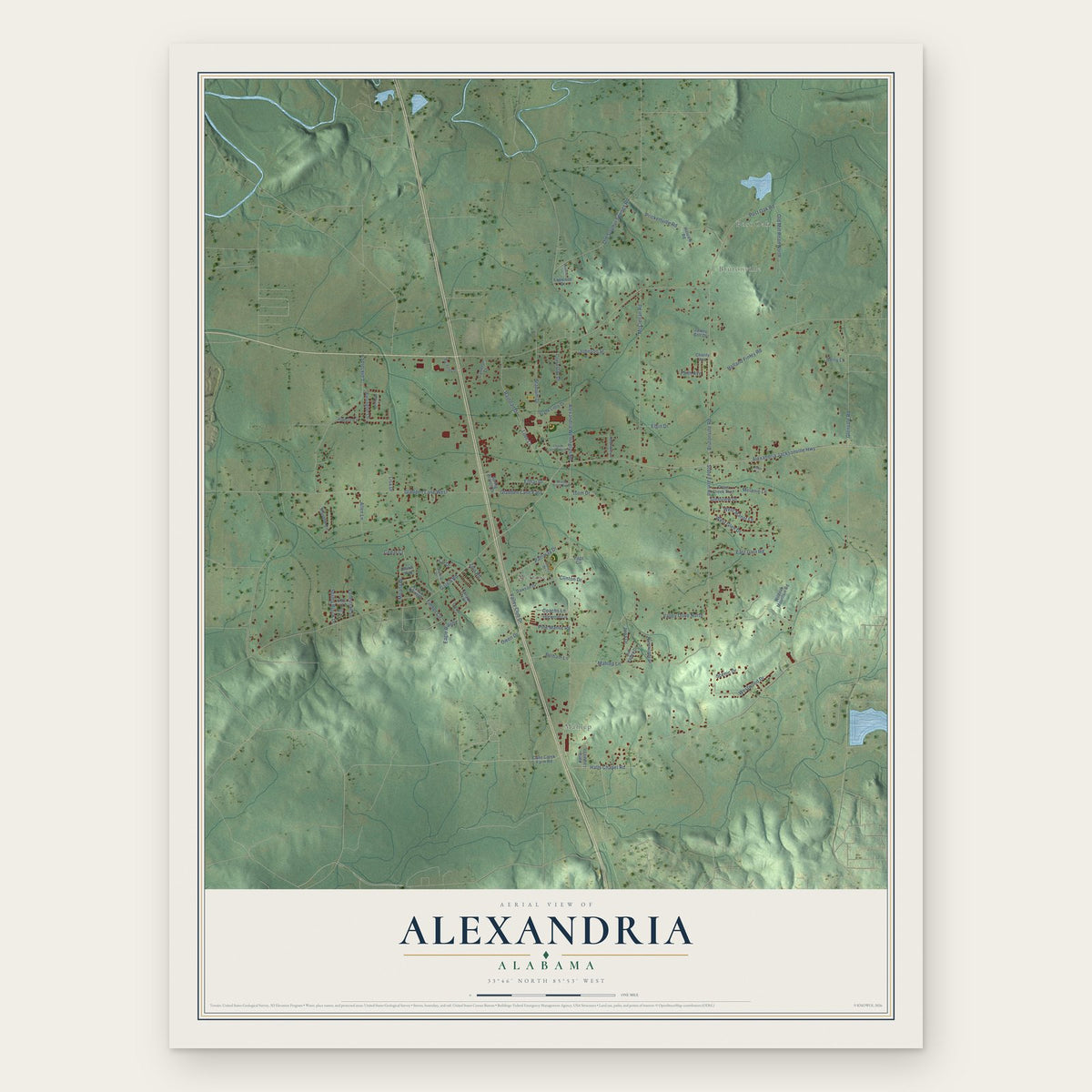 Alexandria, Alabama map print, the full design