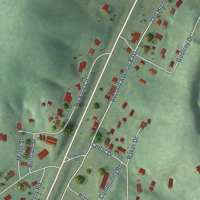Close-up of the map of Allgood, Alabama print showing street and building detail